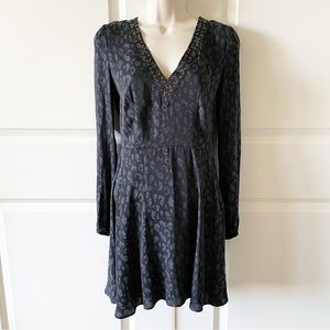 Avec Les Filles Leopard Print Blue & Black Long Sleeve Mini Dress Size XS